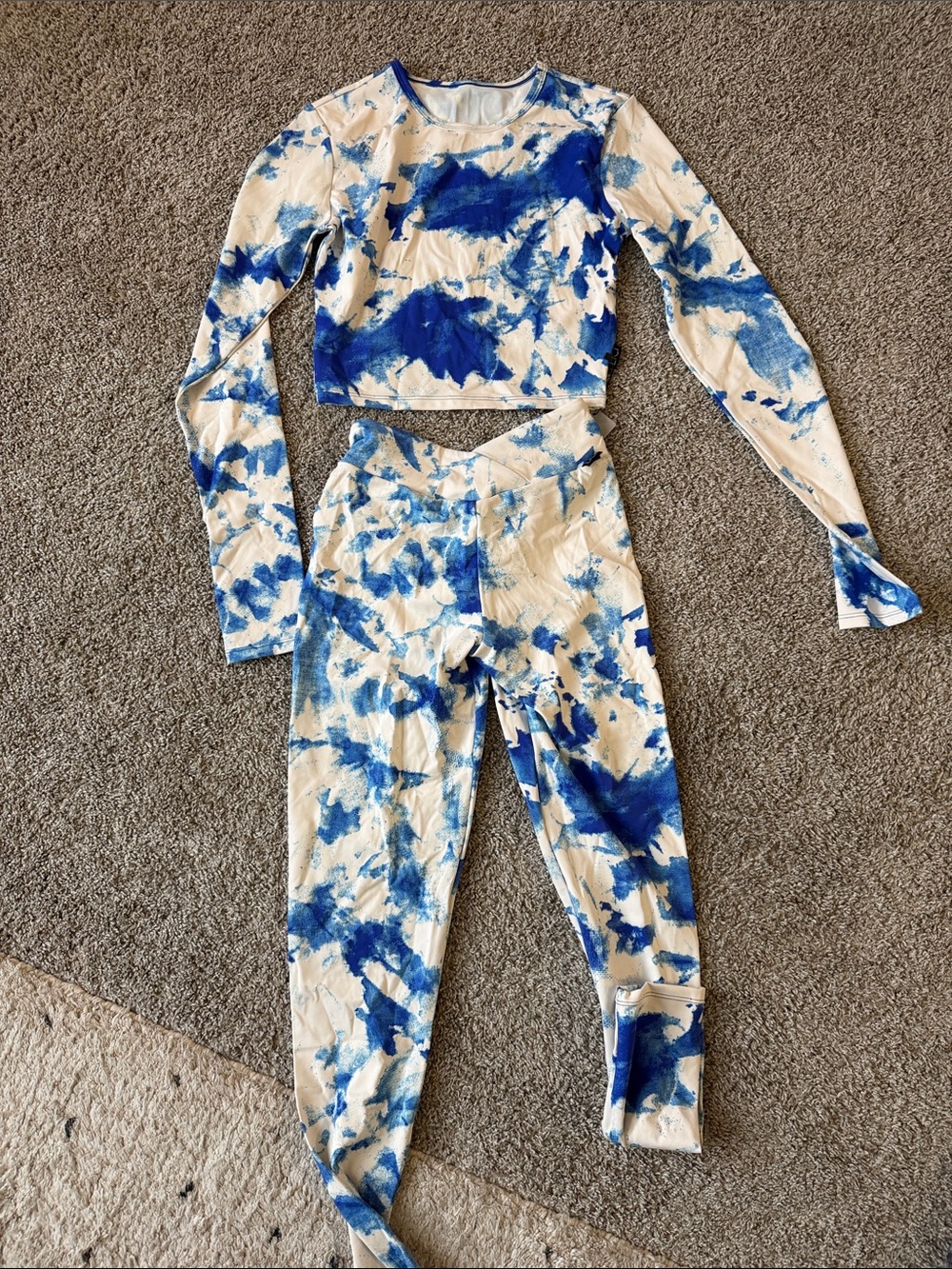 Blue Tie-Dye Long Sleeve Crop Top & Leggings Set - Women